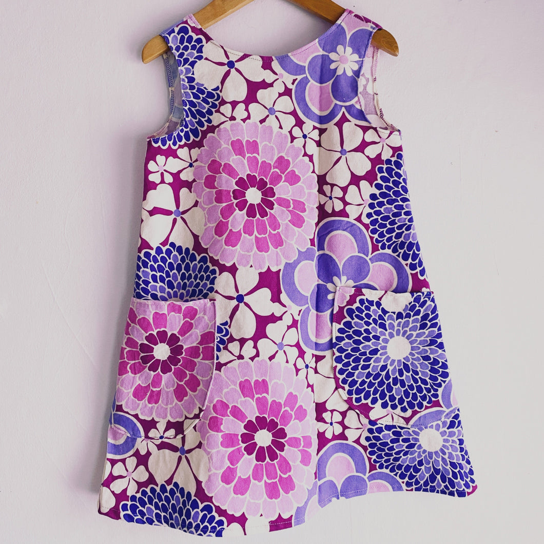 4T Purple Retro Floral Corduroy Pinafore Dress w/pockets