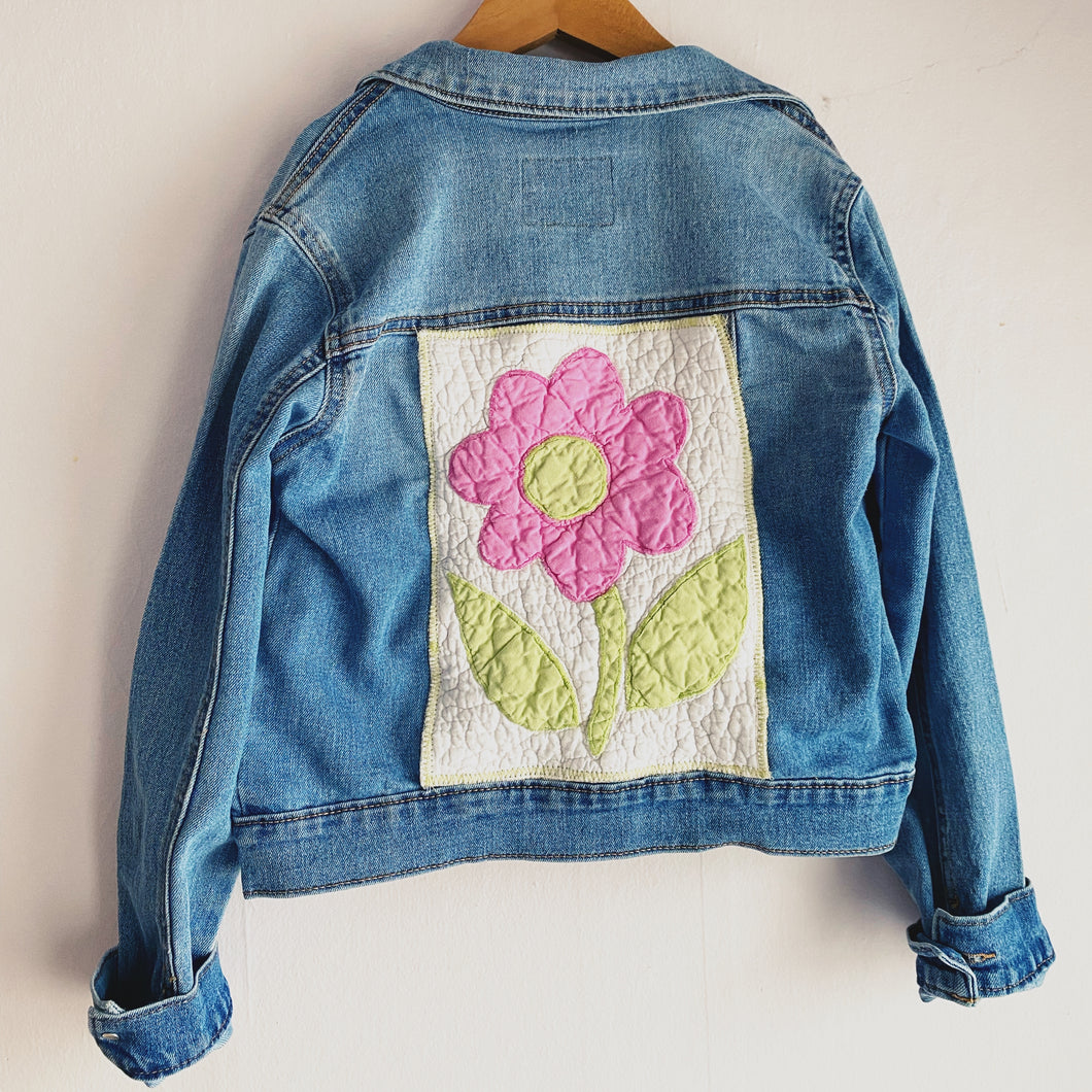 10Y Upcycled Denim Jacket w/Quilted Flower Patch